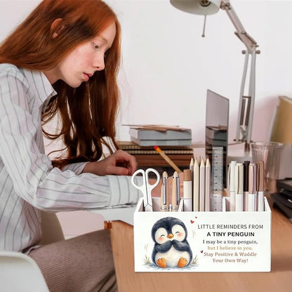 Positive Penguin Pen Pencil Holder Desk Accessories Gifts for Women | Cute Penguin Inspirational Pen Pencil Wooden Organizer Office Desk Accessories Decor for Dorm Room Bedroom Tabletop