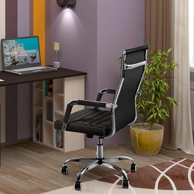 Shahoo Ribbed Office Chair, Mid-Back PU Leather Office Chair Executive Task Chair with 360° Swivel Wheels for Conference Room, Home Offices (Black)