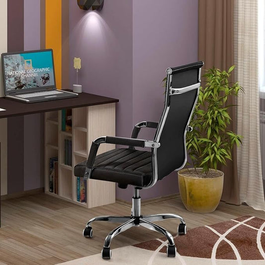 Shahoo Ribbed Office Chair, Mid-Back PU Leather Office Chair Executive Task Chair with 360° Swivel Wheels for Conference Room, Home Offices (Black)
