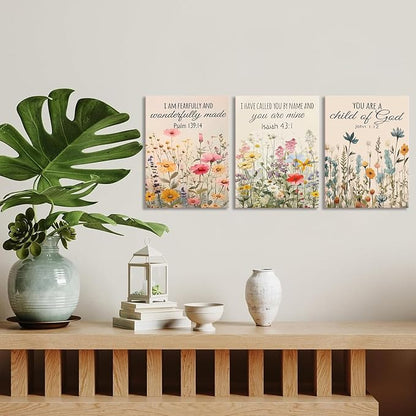 3Pcs Christian Floral Scripture Canvas Wall Art, Wildflower Bible Verse Posters Wall Decor, Psalm Religious Faith Art Pictures Prints for Living Room Bedroom Decorations 16x24in Framed