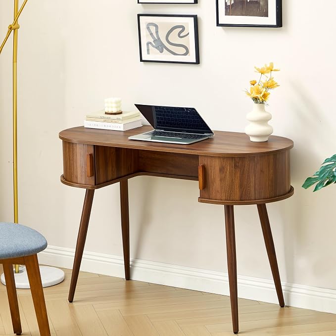 Mid-Century 43" Small Wood Desk, Home Office Writing Desk with Storage, Unique Design Fluted Vanity Table Desk for Bedroom, Study Room