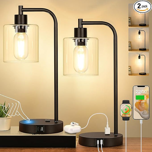Set of 2 Industrial Touch Control Table Lamps with USB C+A Ports and AC Outlet - 3-Way Dimmable Black Bedside Lamps Nightstand Desk Lamps for Bedroom Living Room, Glass Shade & 2 LED Bulbs Included