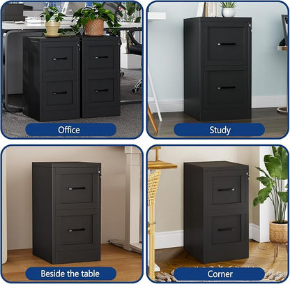 Ckzbx 2 Drawer File Cabinet with Lock, Narrow Vertical Filing Cabinet, Under Desk File Cabinets,Black Metal File Cabinets for Home Office,Fit Letter/A4/Legal Size File
