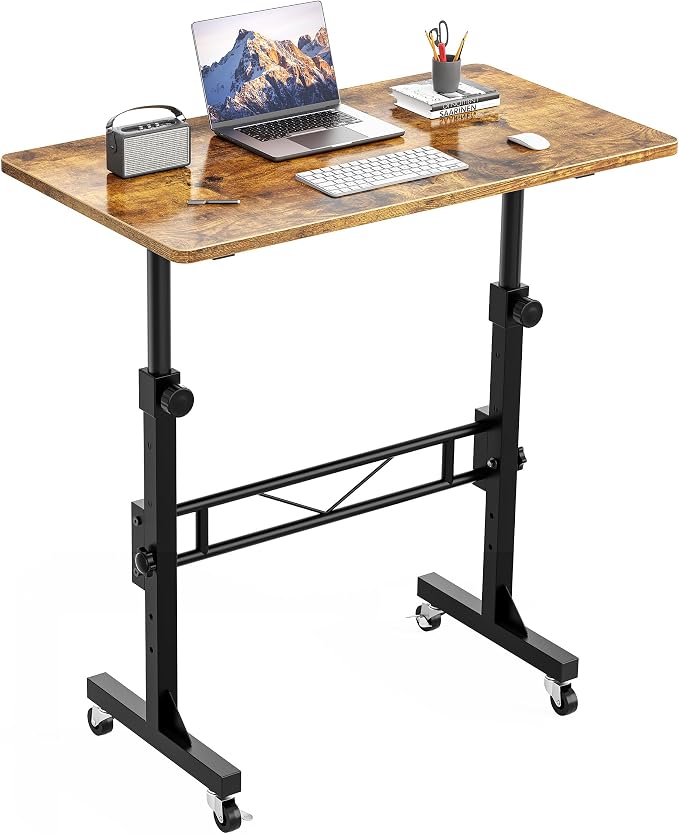 HOMIDEC Standing Desk, 32 Inch Portable Small Desk Adjustable Height, Rolling Home Office Desks with Wheels, Sit Stand Desk for Bedroom Walking Pad Home Office Small Space, Rustic