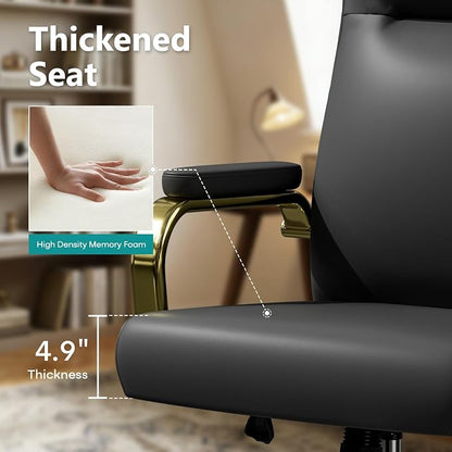 Black and Gold Office Desk Chair Memory Foam, High Back Leather Executive Office Chair with Wheels and Arms for Women Girls Teens Adults