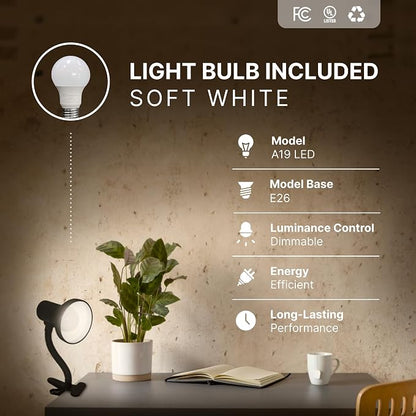 Xtricity LED Clip on Desk Lamp with 360° Flexible Gooseneck, White Finish | Reading Light for Bed Headboard– A19 Bulb Included, 120V, On/Off Switch, 10.25” Height Table Lamp