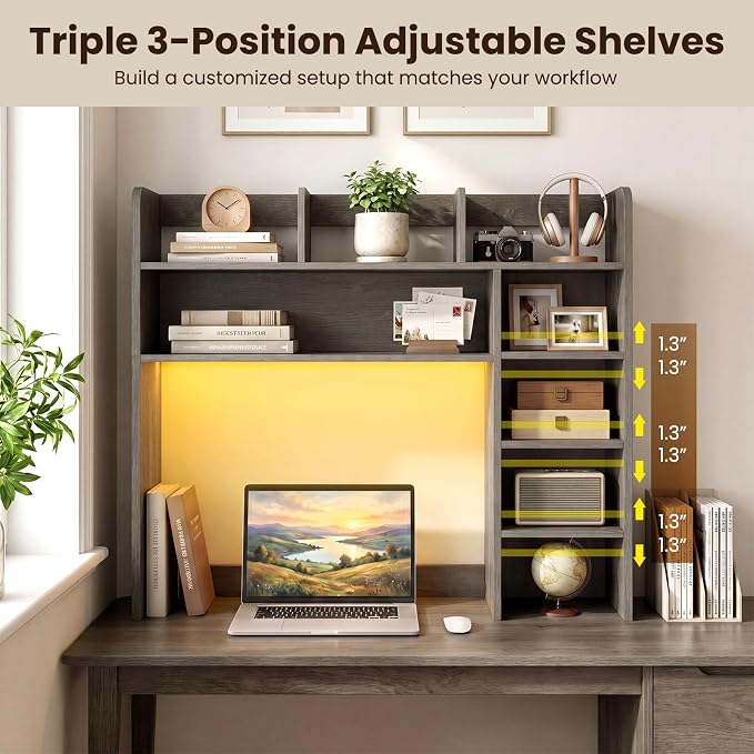 LDAILY Desktop Bookshelf with LED Lights, 35.5’’ Wooden Desk Shelf with 8 Cubes & 3 Adjustable Storage Shelves, 5-Tier Desk Hutch for Dorm College Office Computer Monitor Up to 25’’(Grey Oak)