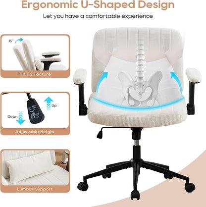 IPKIG Criss Cross Chair with Adjustable Flip-up Arms, Vanity Chair with Wheels, Comfy Desk Chair with Lumbar Pillow Swivel Wide Office Chair for Home Office, Bedroom, Chenille, Beige