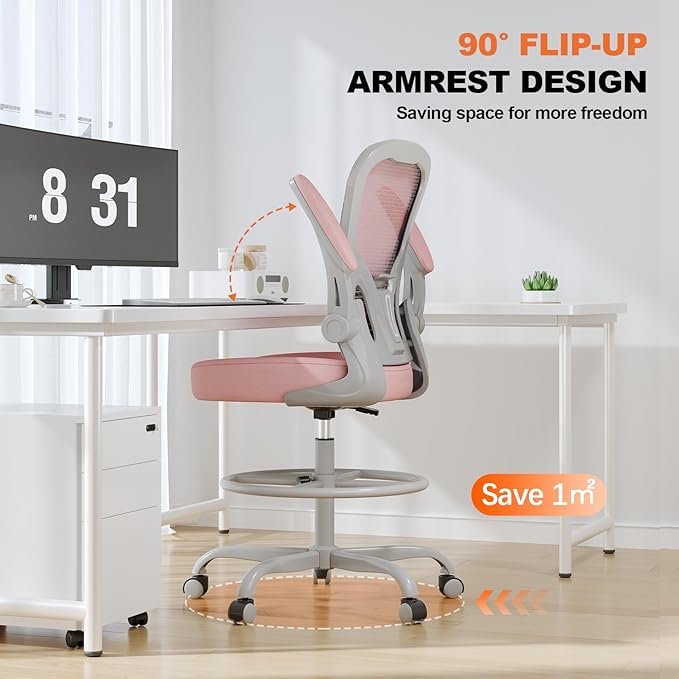 Synorla Ergonomic Drafting Chair, Tall Mesh Office Chair with Flip-up Armrests, Lumbar Support & Adjustable Footrest Ring for Standing Desk Gray Pink