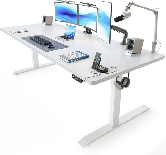 FEZIBO 71 x 37 Inch Electric Standing Desk with Integrated Dual-Beam & Cable Management, Memory Height Adjustable Computer Desk for Home Office Workstation, 1" Thick Large 3-Piece Tabletop White