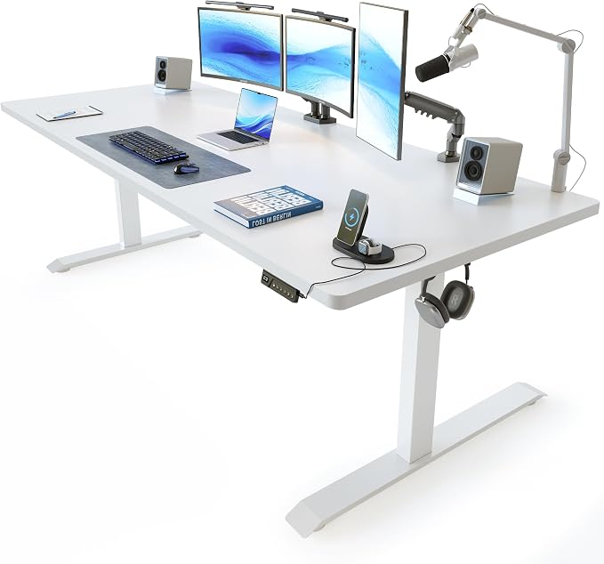 FEZIBO 71 x 37 Inch Standing Desk with Integrated Dual-Beam, Cable Management, 3 Memory Height Adjustable Computer Desk for Home Office Workstation, 1" Thick Large 3-Piece Desktop White