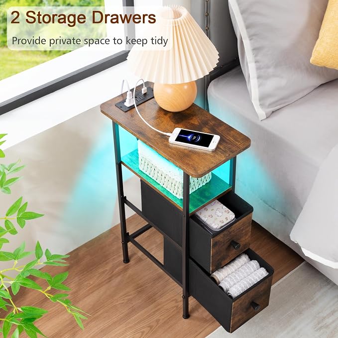 LOAKEKEL Narrow Nightstand with Charging Station, End Tables Living Room Set of 2, Skinny Side Table with Fabric Drawers, Small Sofa Table with LED Light for Bedroom, Brown, HETNDP02LBR