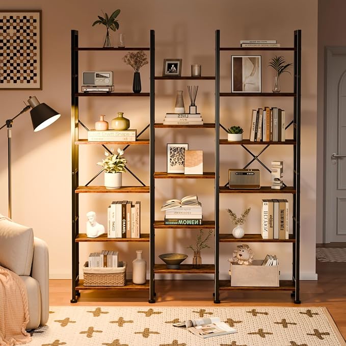 Furologee Triple Column 6 Tier Bookshelf, Large Bookcase with 17 Display Shelves, Wide Book Shelf with 6 Hooks, Adjustable Rustic Bookshelves Storage Organizer, Shelving Unit for Living Room, Office