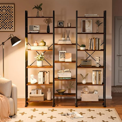 Furologee Triple Column 6 Tier Bookshelf, Large Bookcase with 17 Display Shelves, Wide Book Shelf with 6 Hooks, Adjustable Rustic Bookshelves Storage Organizer, Shelving Unit for Living Room, Office