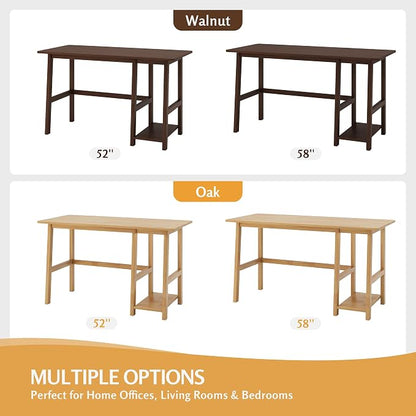 NELYE Solid Wood Computer Desk - 52" W x 24" D Modern Minimalist Table with Shelf，Sturdy Computer Workstation for Home Office, Oak