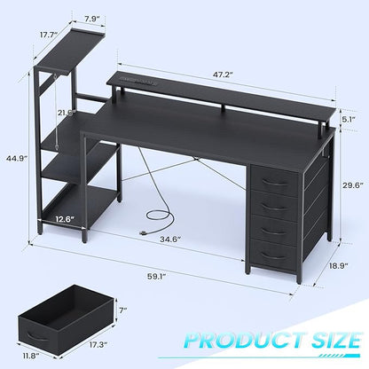 59 Inch Gaming Desk with Power Outlet and LED Lights, Computer Desk with 4 Drawers & Storage Shelves, Reversible Home Office Desk with Monitor Stand for Small Space Bedroom, Carbon Fiber Black