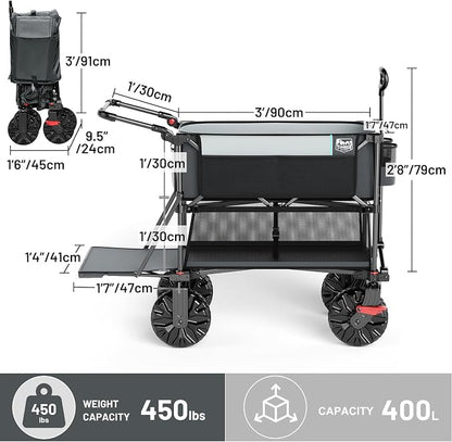 TIMBER RIDGE Push & Pull Double Decker Wagon, 400L Large Capacity Heavy Duty & 450lb Load, Collapsible Cart with All-Terrain Wheels & Brakes, 54” Extended Foldable for Sports, Beach, Camping, Grey