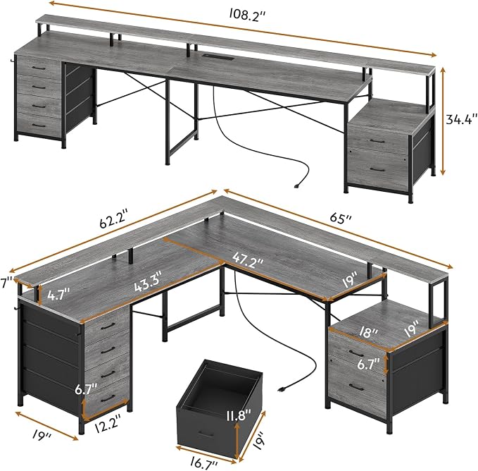 SEDETA L Shaped Desk with 6 Drawer, 108" Home Office Desk with File Drawer & Power Outlet, Corner Computer Desk with Monitor Shelf, Two Person Desk, Gaming Desk with Led Lights, Grey