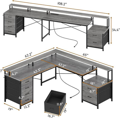 SEDETA L Shaped Desk with 6 Drawer, 108" Home Office Desk with File Drawer & Power Outlet, Corner Computer Desk with Monitor Shelf, Two Person Desk, Gaming Desk with Led Lights, Grey