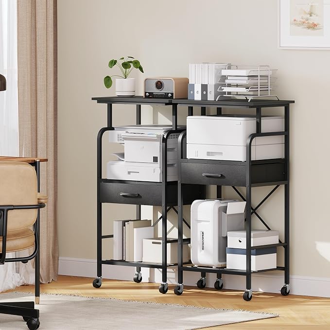 MAHANCRIS Tall Printer Stand, 3 Tier Printer Cart with Storage, Industrial Printer Table on Wheels, Adjustable Shelf & Fabric Drawer, for Home Office Study Black PTBK5501