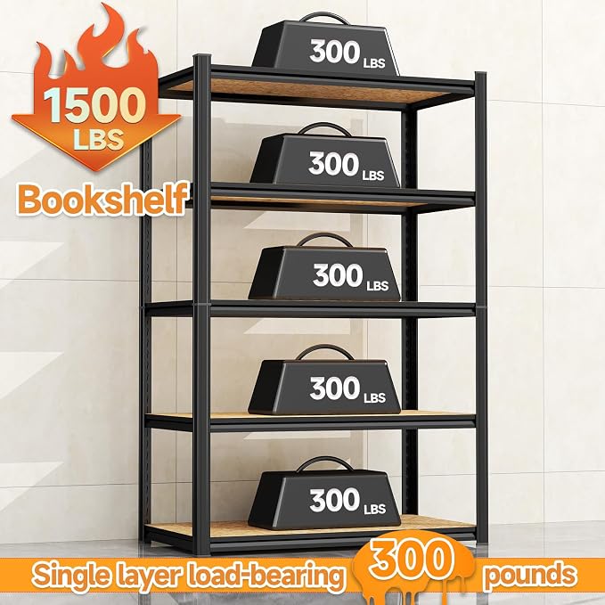 24"W Steel and Wood Book Shelf, 4 Tier Metal Bookcase, 1200LBS Display Shelving, Adjustable Utility Shelf Organizere, Standing Storage Shelves for Study, Bedroom, Living Room and Home Office, Black