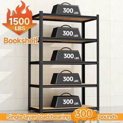 24"W Steel and Wood Book Shelf, 4 Tier Metal Bookcase, 1200LBS Display Shelving, Adjustable Utility Shelf Organizere, Standing Storage Shelves for Study, Bedroom, Living Room and Home Office, Black