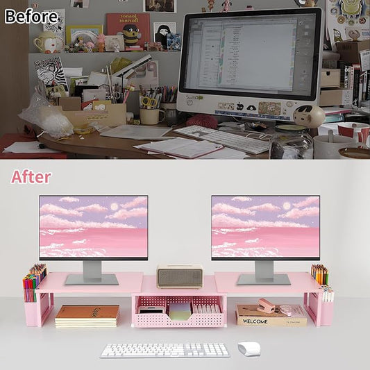 OPNICE Desk Organizers and Accessories, Dual Monitor Stand Riser with Drawer and 2 Pen Holders, Desk Shelf Wood Computer Racks for Office Workspace Organizers, Desktop Organization (Pink Wood)