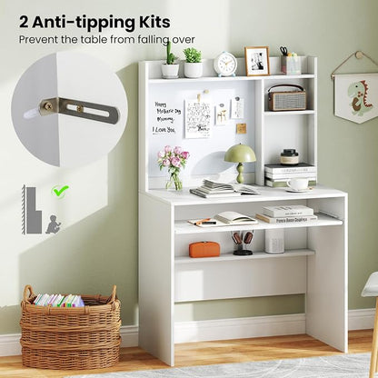 Giantex White Desk with Hutch, Small Computer Workstation with Bookshelf, Magnetic Whiteboard, PC Laptop Desk with Keyboard Tray & Cable Hole, Writing Desk for Small Spaces, Bedroom, Home Office