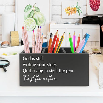 Christian Inspirational Pen Pencil Holder Organizer for Desk, God Is Still Writing Your Story Bible Verse Religious Black Wooden Box Sign for Office Home Desk Tabletop Decorations