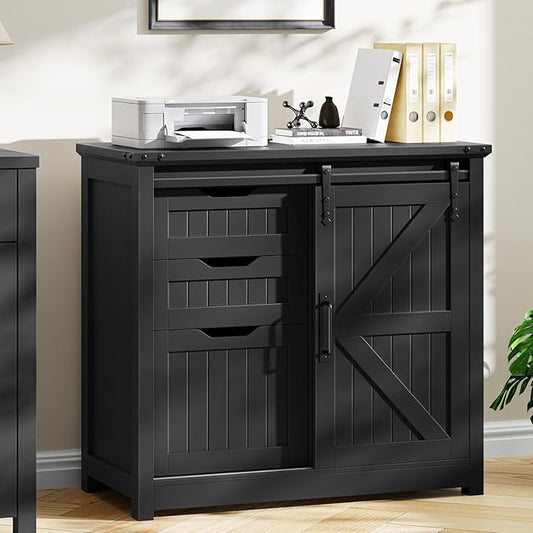 Halitaa Lateral File Cabinets with Adjustable Shelf, Farmhouse Filing Cabinet with Lock for Home Office, Filing Organization Storage Cabinets with Sliding Barn Door for Hanging Files Letter/A4,Black