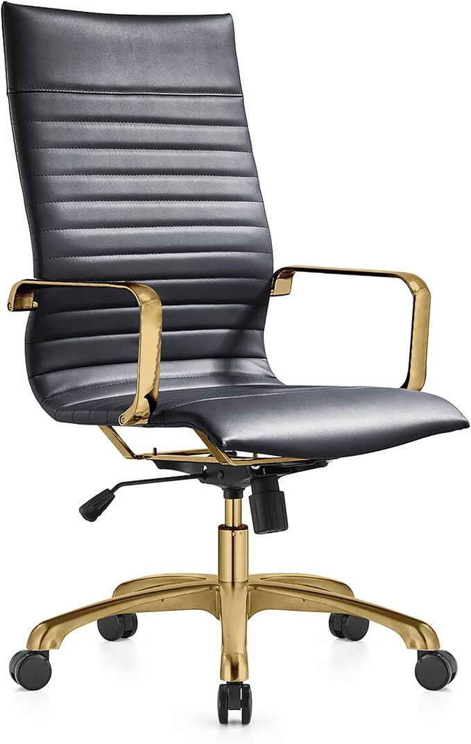 LeisureMod Harris High-Back Task Office Chair - Modern Leather Upholstery with Gold Frame, Ribbed Design 360 Degree Adjustable Swivel for Home, Office, and Study Room