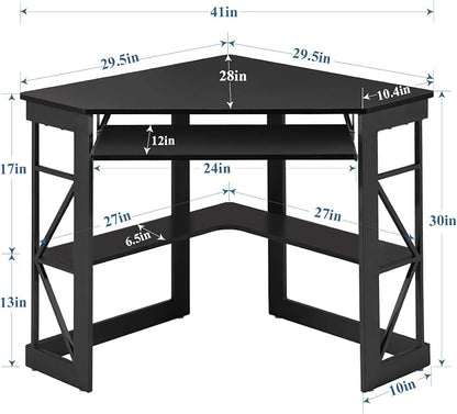VECELO Corner Desk Computer Desk Writing Table with Smooth Keyboard Tray & Storage Shelves,Compact Home Office Triangle Table,Black