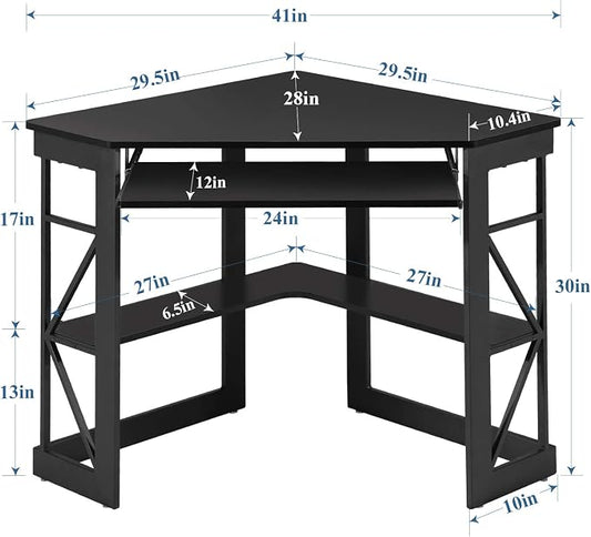 VECELO Corner Desk Computer Desk Writing Table with Smooth Keyboard Tray & Storage Shelves,Compact Home Office Triangle Table,Black
