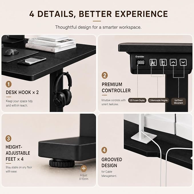 Grandder 47" L Shaped Standing Desk, Electric Height Adjustable Corner Stand Up Desk with Ergonomic Curved Round Corner for Small Apartment Home Office, Black Desktop Black Frame