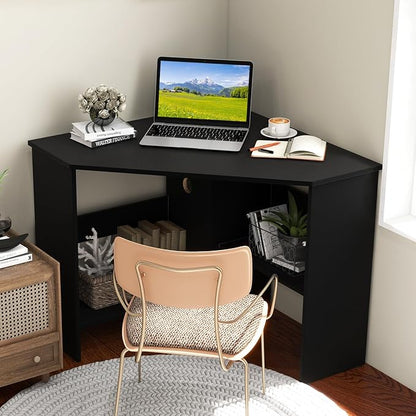 GOFLAME Corner Desk with Storage Shelves, Triangular Computer Desk with Cable Management Holes, Laptop Workstation for Small Space, Makeup Vanity Desk for Living Room, Study, Black
