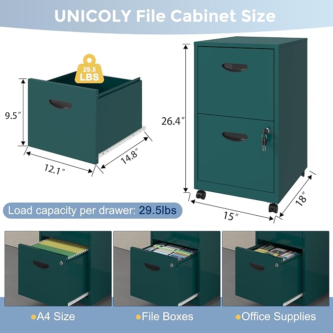 UNICOLY 2 Drawer File Cabinet with Lock, Filing Cabinets with Wheels, Rolling File Cabinets for Home Office, Metal Office File Cabinet, Mobile Filing Cabinet for Holding Letters and File Boxes, Green