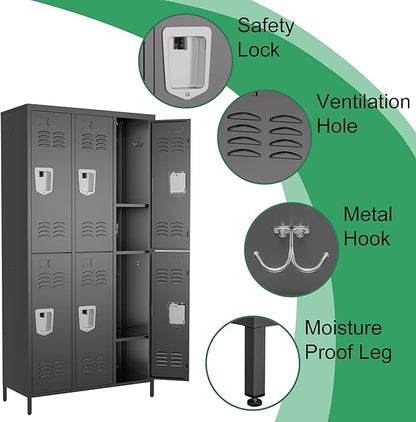6 Door Metal Lockers for Employees,6 Heavy-Duty Hooks,72" Secure Storage for Home,Offices,Schools & Gyms | Black