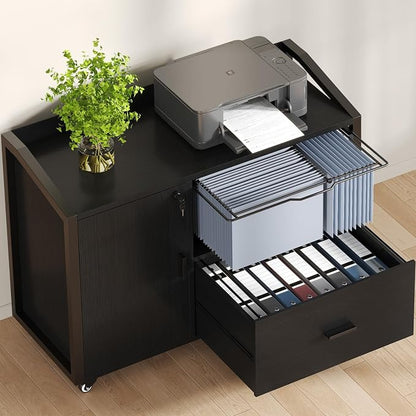 HSH File Cabinet with Wheels with Locks,Black Mobile Filing Cabinet for Legal/Letter Size, Wood Metal Printer Stand with Shelves, Wheels & Hanging File Folder for Home Office Desk, 33 in