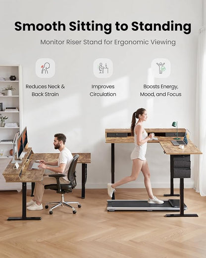 ErGear L Shaped Electric Standing Desk, 63" Ergonomic Corner Height Adjustable Desk with Drawers, Sit Stand Computer Table with Storage for Work Office Home, Vintage Brown