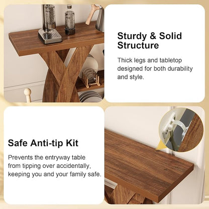 55 inch Farmhouse Entryway Table, Console Table with 3-Tier Storage, Rustic Striped Brown X-Shaped Narrow Entry Table for Behind Couch, Living Room, Hallway, Foyer