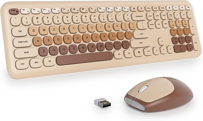 surmen Brown Quiet Keyboard and Mouse Wireless, Full-Size Retro Typewriter Wireless Cute Colorful Keyboard with Low-Noise 2.4GHz for Home and Office（Coffee