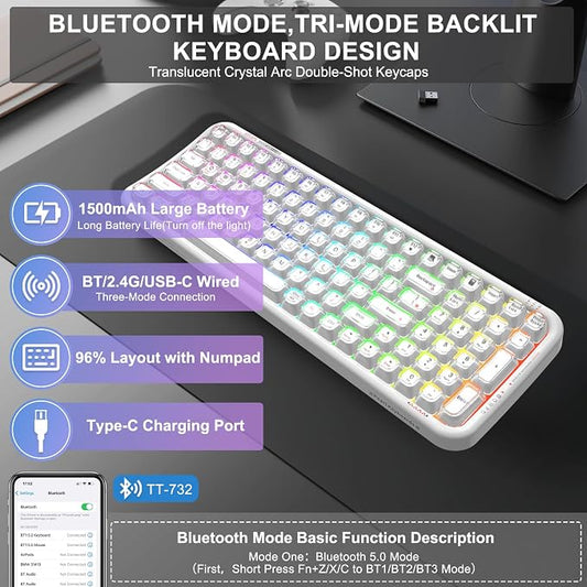 FOPETT Wireless Computer Keyboard with RGB Backlit, Tri-Mode Bluetooth 5.0/USB-C/2.4GHz Gaming Keyboard, Full Size Layout, Ergonomic Curved Design for Windows Mac PC Gamers & Office-White