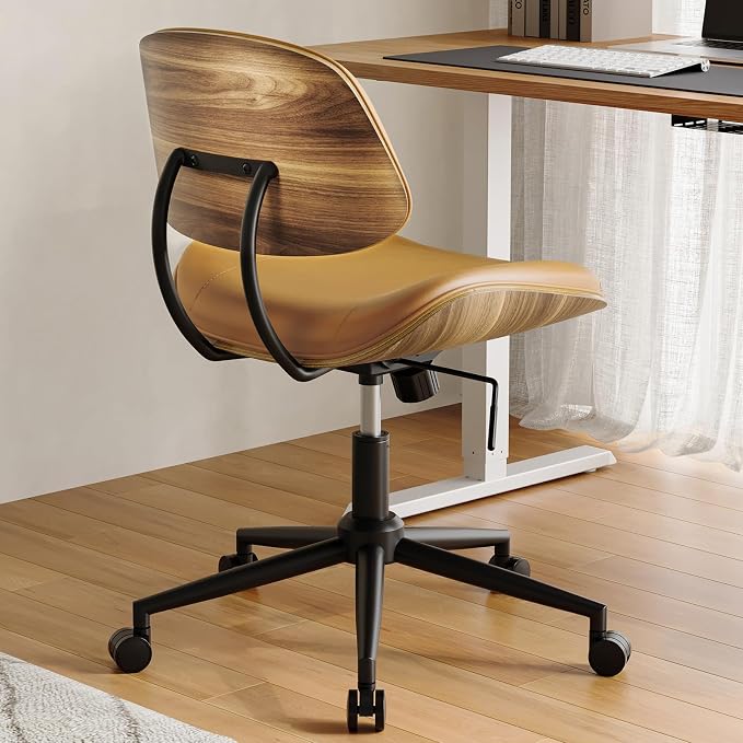 Armless Office Chair with Wheels, PU Leather Adjustable Height Desk Chair - 360° Swivel Ergonomic Computer Chair for Small Space, Modern Walnut Style, Home & Meeting Room, Brown