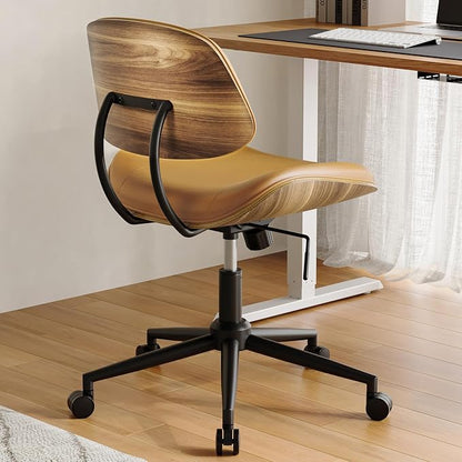 Armless Office Chair with Wheels, PU Leather Adjustable Height Desk Chair - 360° Swivel Ergonomic Computer Chair for Small Space, Modern Walnut Style, Home & Meeting Room, Brown