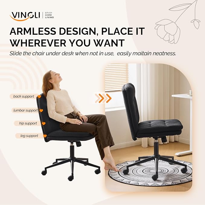VINGLI Mid Back Armless Office Desk Chair with Wheels/no Wheels,360°Rocking Swivel Vanity Chair with Thickened Cushion,Adjustable Height Rolling for Reading Room, Make up, Linen Black