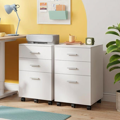 DEVAISE 3 Drawer Wood Mobile File Cabinet, Rolling Filing Cabinet for Letter/A4 Size, White