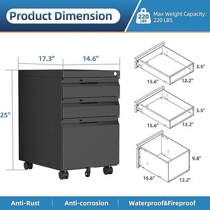 3 Drawer Mobile File Cabinet with Lock, Metal Small Filing Cabinets for Home Office Organizer,Rolling Filing Cabinets Under Desk Storage for Letter/Legal/A4,Assembly Required,Black