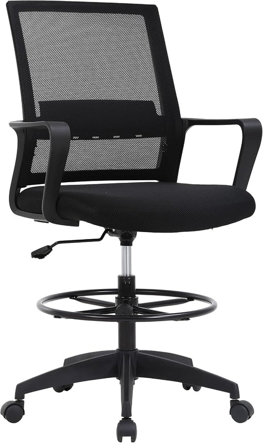 BestOffice Drafting Chair Tall Office Chair Adjustable Swivel Rolling Mesh Height with Lumbar Support Arms Footrest Mid Back for Adults Standing Desk Drafting Stool(Black)