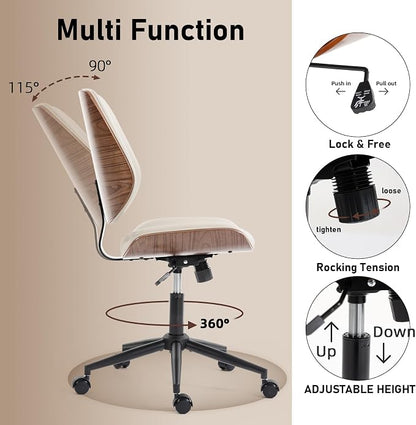 DYHOME Modern Walnut Home Office Chair with Wheels, Executive Office Desk Chair No Arms, Adjustable Height Small Desk Chair, Comfy PU, Deeper Cushion, Mid Back 360 Swivel Computer Chair, Beige
