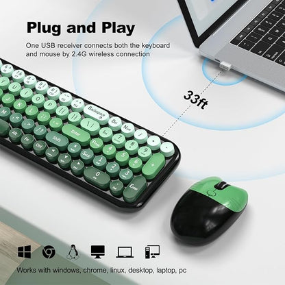 MOFII Wireless Keyboard and Mouse Combo, Full Size 2.4G Retro Round Computer Keyboard and Mouse Set, Plug and Play, for Windows, Computer, Desktop, PC, Notebook - (Green Gradient)